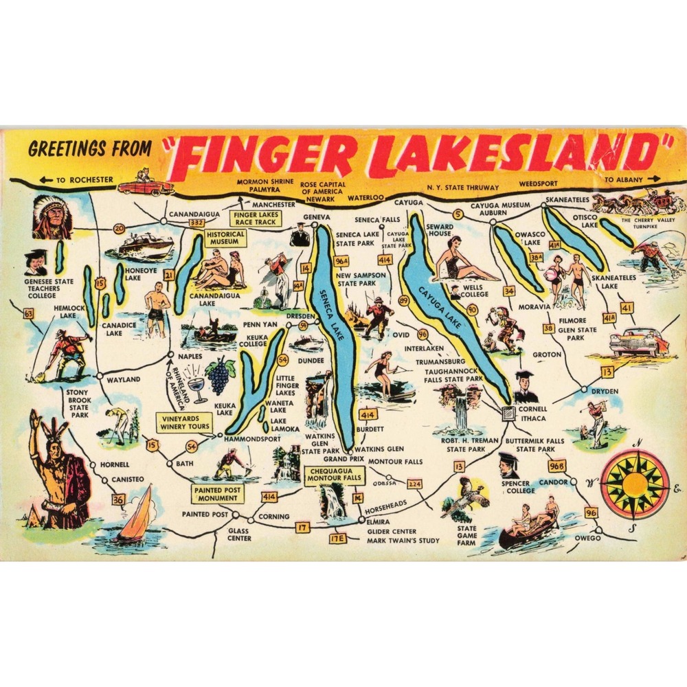 Finger Lakesland NY Pictorial Map Finger Lakes New York Chrome Postcard 1950s - Picture 1 of 2